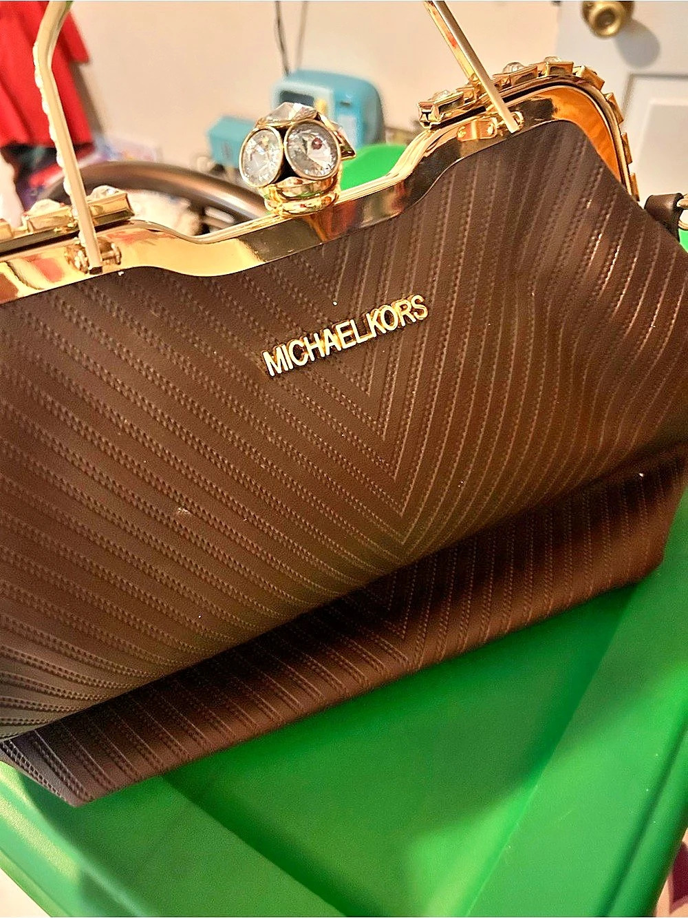 Michael Kors Jeweled Frame Clutch in Brown Like New